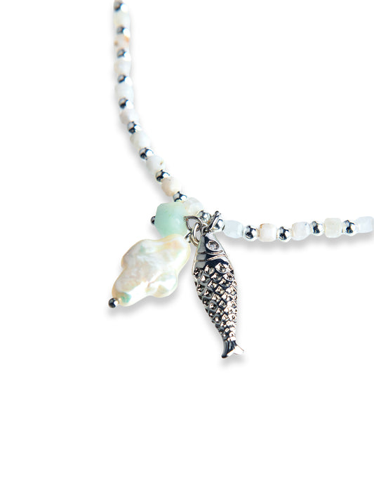 Silver Moonstone fish pendant