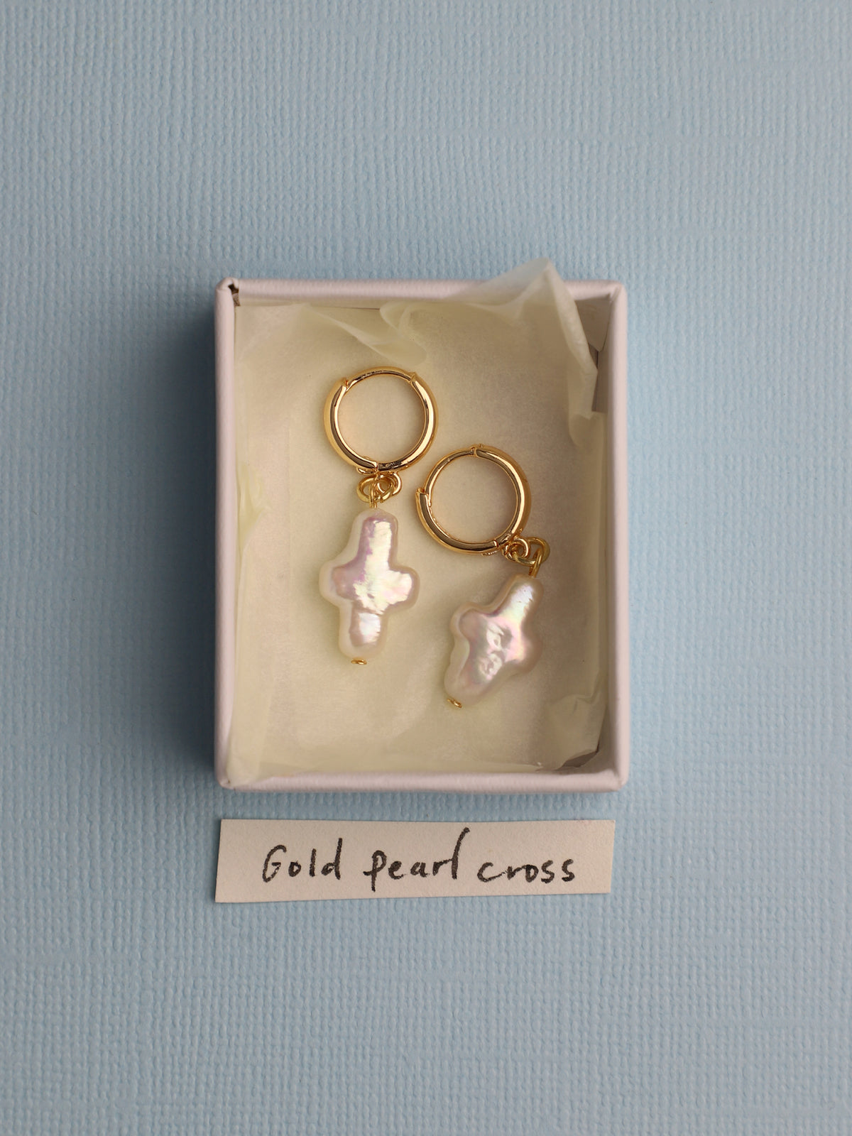 Gold Pearl Cross Earrings