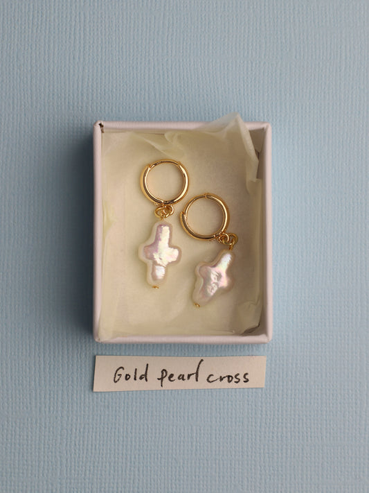 Gold Pearl Cross Earrings
