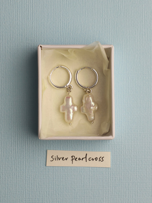 Silver Pearl Cross Earrings